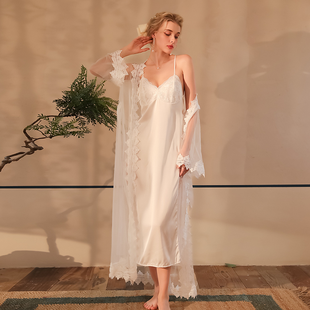 Sheer Mesh Bra - Braut-Satin-Spitzenrobe, Cami-Slip-Kleid-Set für Damen, transparentes Netz-Nachthemd