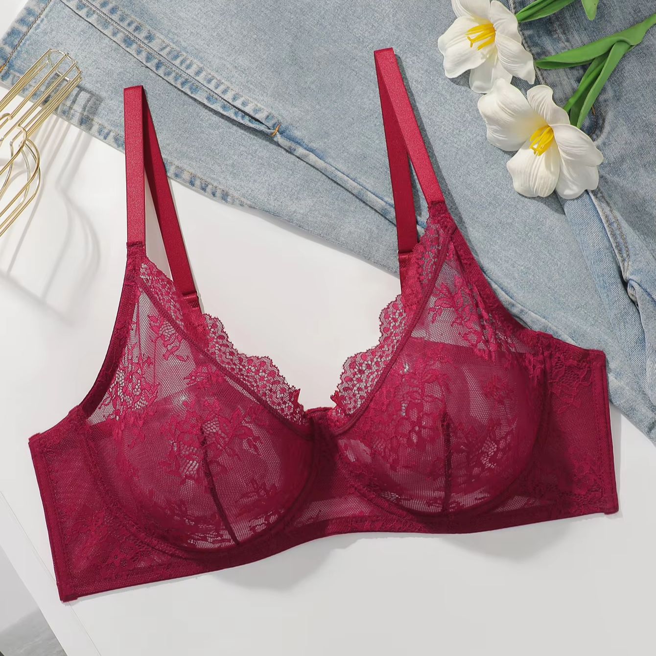Damen Übergröße Roter Spitzen- – Sheer Mesh Bra Bewertung und Preis