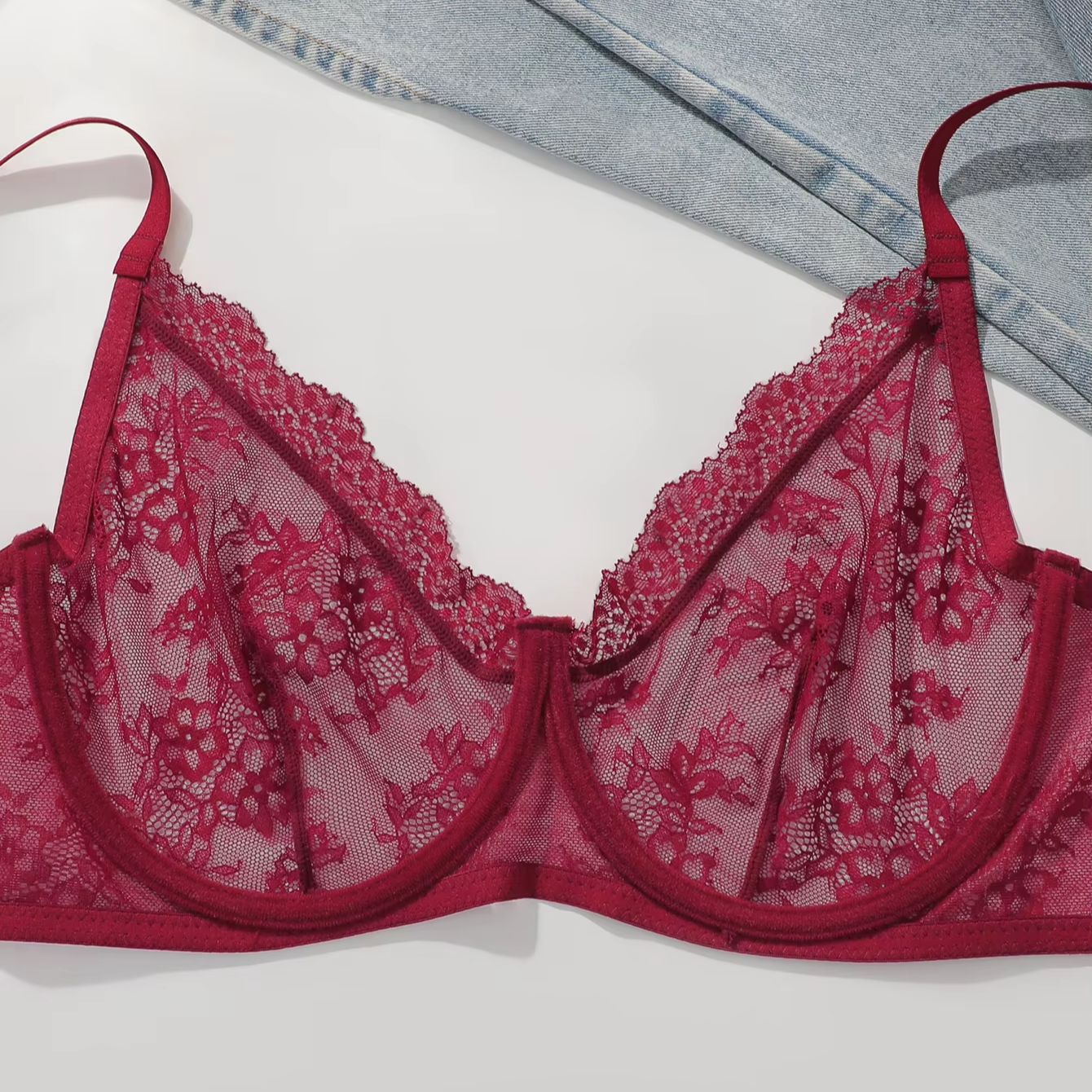 Damen Übergröße Roter Spitzen- – Sheer Mesh Bra Bewertung und Preis